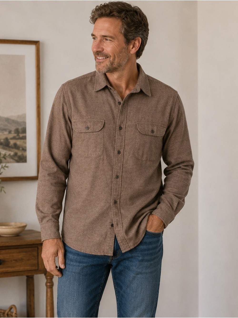 Banana Republic Ultra Soft Flannel Untucked Slim Fit Shirt Brown Medium Outdoor